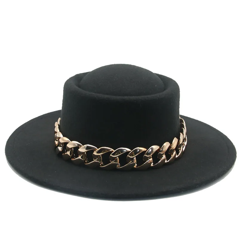 Women Hats Round Top Chain Wedding Church Formal Jazz Caps Outdoor Solid Black Camel Luxury Felted Fedora Hat Sombreros De Mujer fedora cap Fedoras