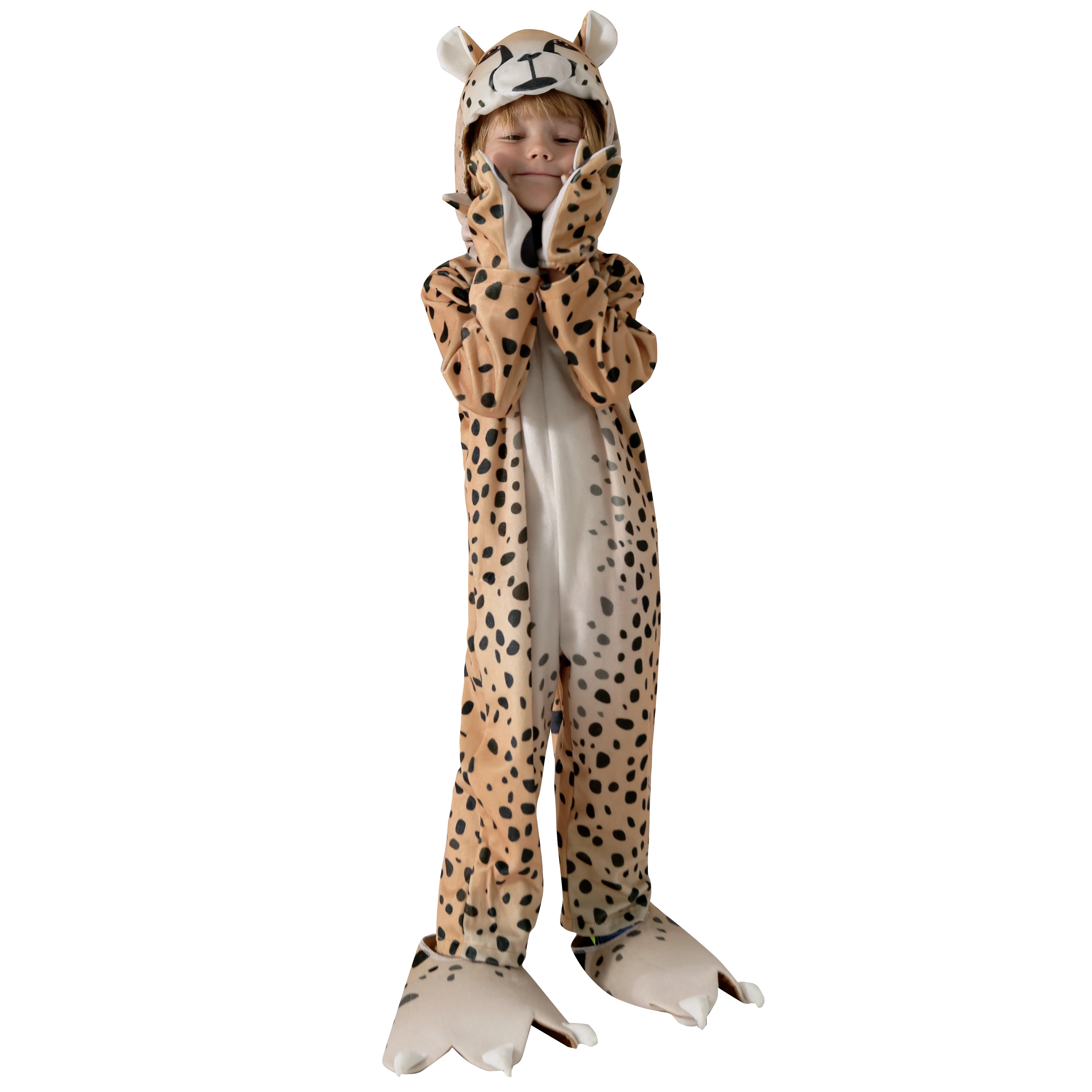 Halloween Kids Cheetah Costume Spotted Animal Onesie Clothing Set with Hood & Paw Details for Parties