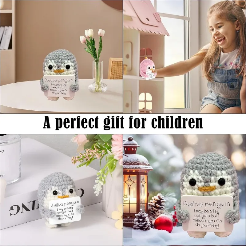 Plush Toy Positive Energy Penguin Hug Pocket Mini Handmade Plush Wool Knitting Doll with Card Funny Birthday Gifts Home Room Decoration