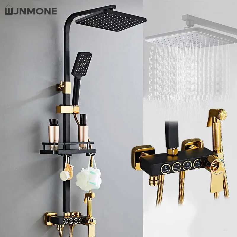 Bathroom Shower Set Black Gold Rain Shower Faucet Thermostatic Digital Display Mixer Taps Copper Systems for Bath