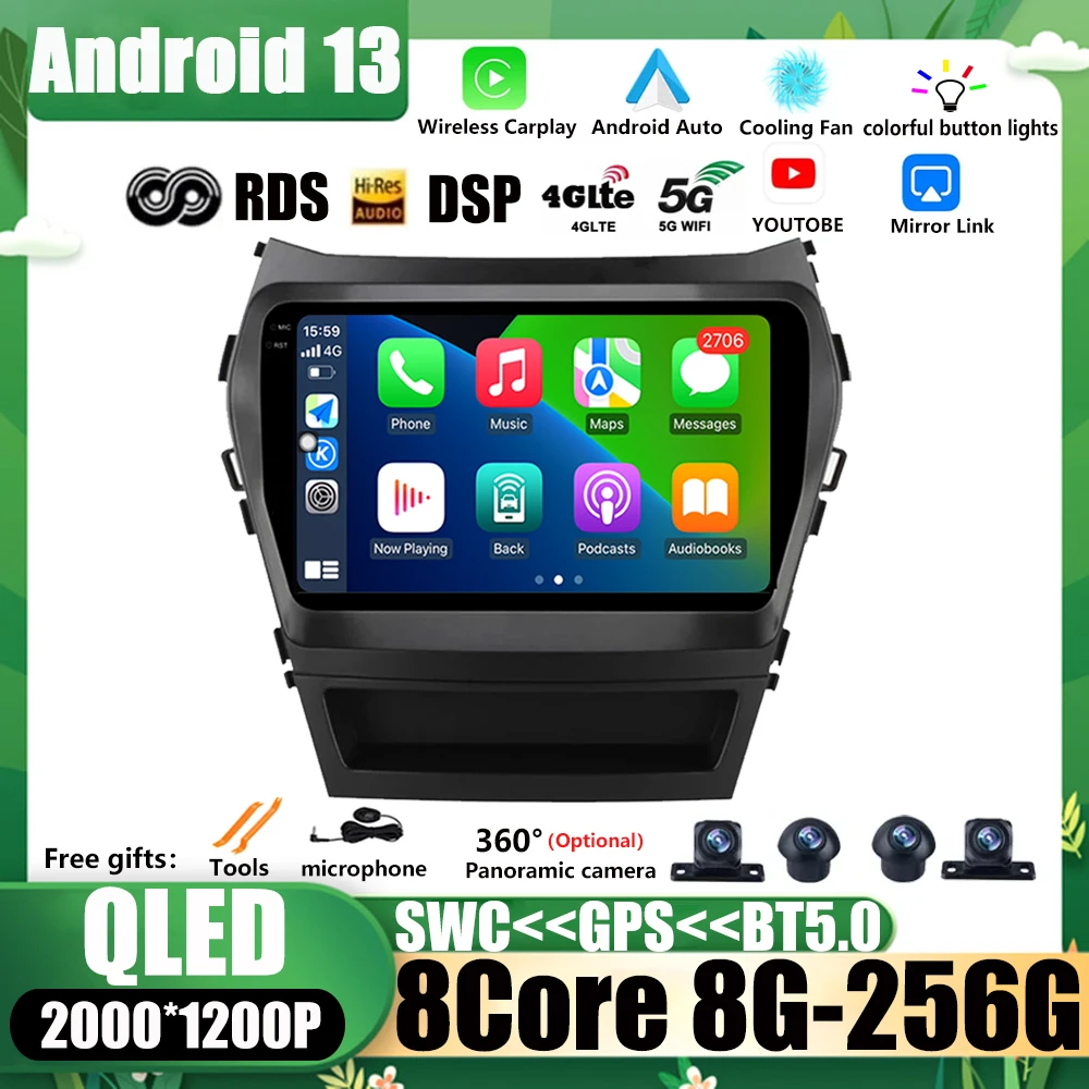 

9 дюймов Android 13 для Hyundai Santa Fe 3 IX45 2013 -2016 беспроводной автомобильный радиоприемник мультимедиа DSP видеоплеер Android авто