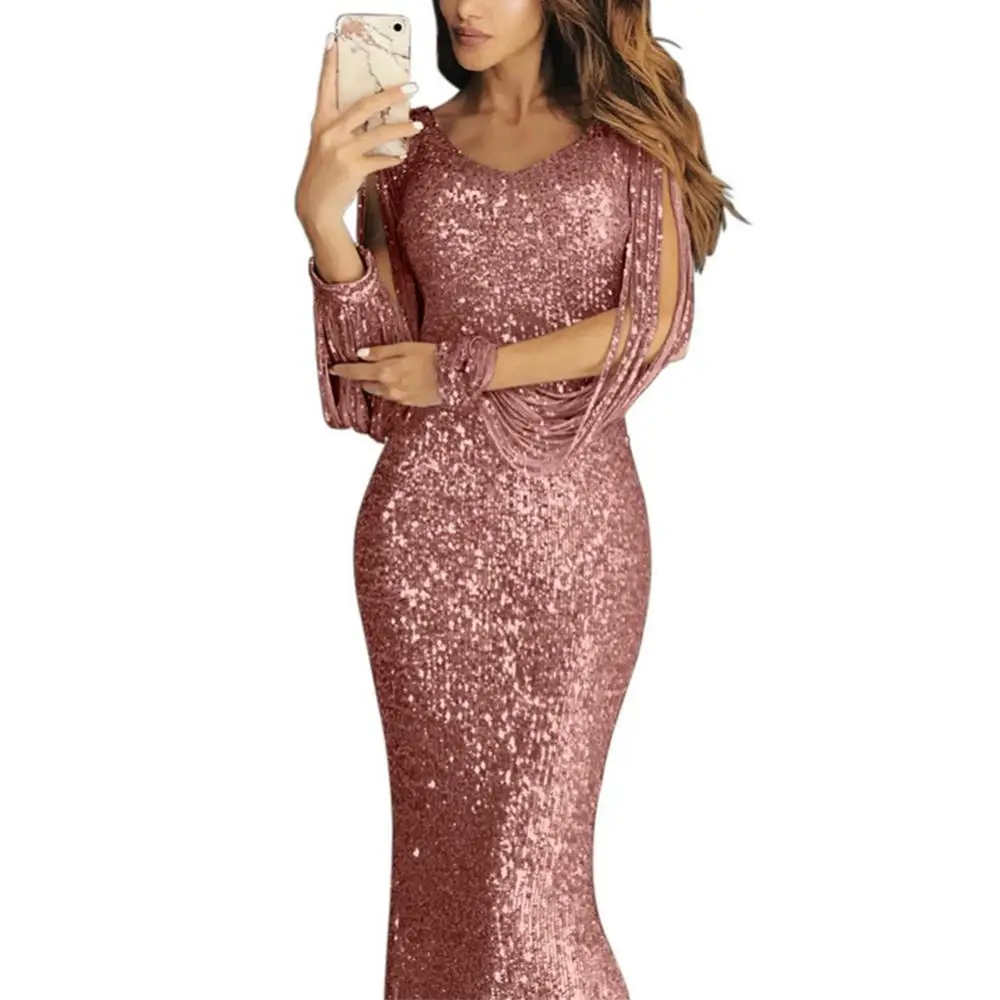 

Elegant Ladies Vestidos Chic Women Tassel Lantern Sleeve Sequined Tassel Long Sleeve V Neck Bodycon Party Maxi Dress