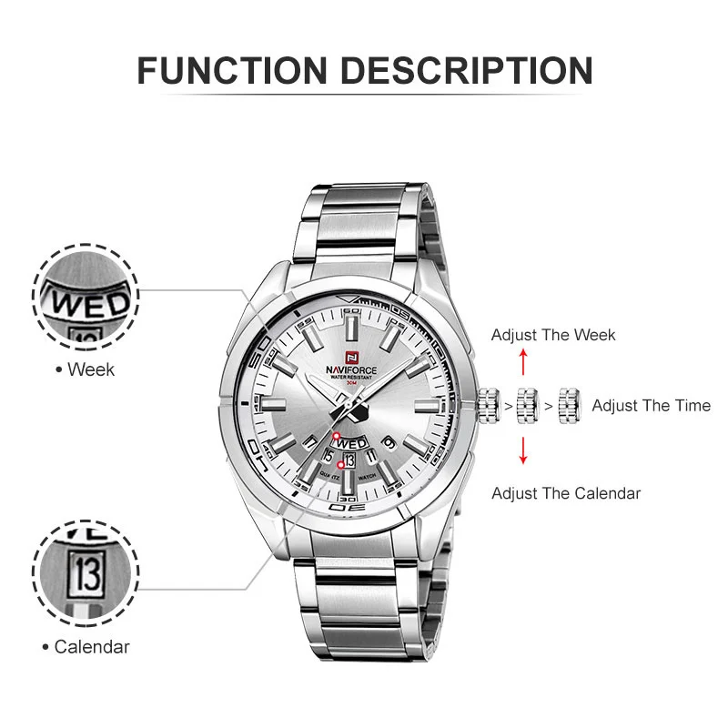 Quartz Watches For Men Classic Casual Business Sports Week Calendar Display Waterproof Steel Band Mens Watch Reloj Hombre