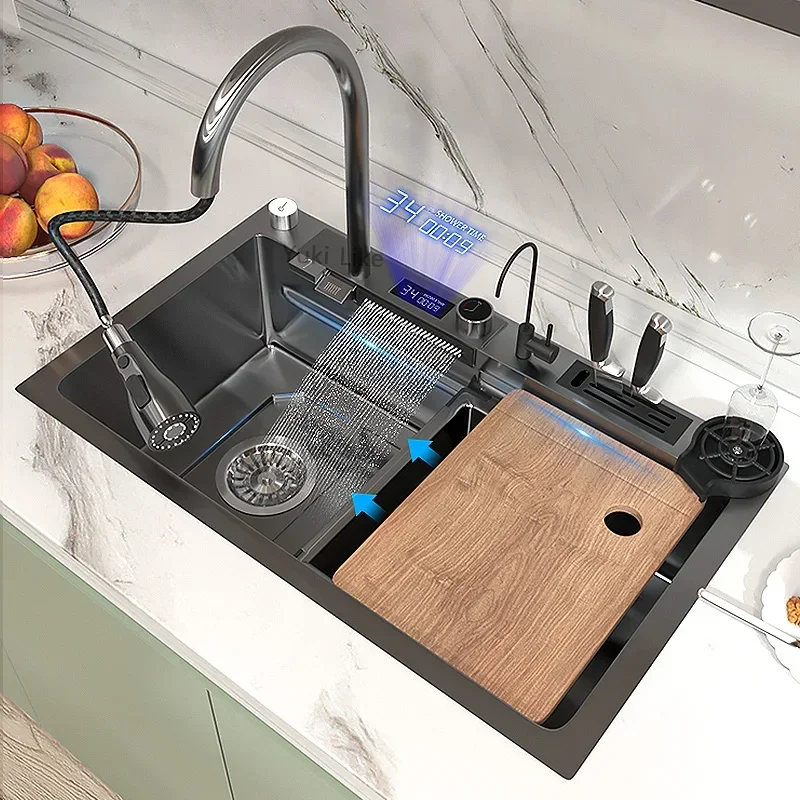304 Stainless Steel Kitchen Waterfall Sink Digital Display Large Single Sink Dish Basin With Multifunction Touch Waterfall