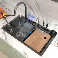 304 Stainless Steel Kitchen Waterfall Sink Digital Display Large Single Sink Dish Basin Sink With Multifunction Touch Waterfall 1