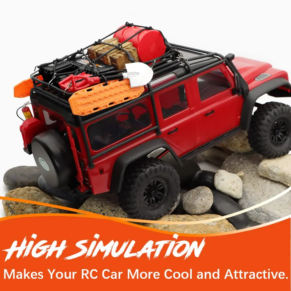 Accessoires RC tout-terrain 12 pièces pour crawler 1/18 TRX4M et 1/24 SCX24, vue d'ensemble avec boîte