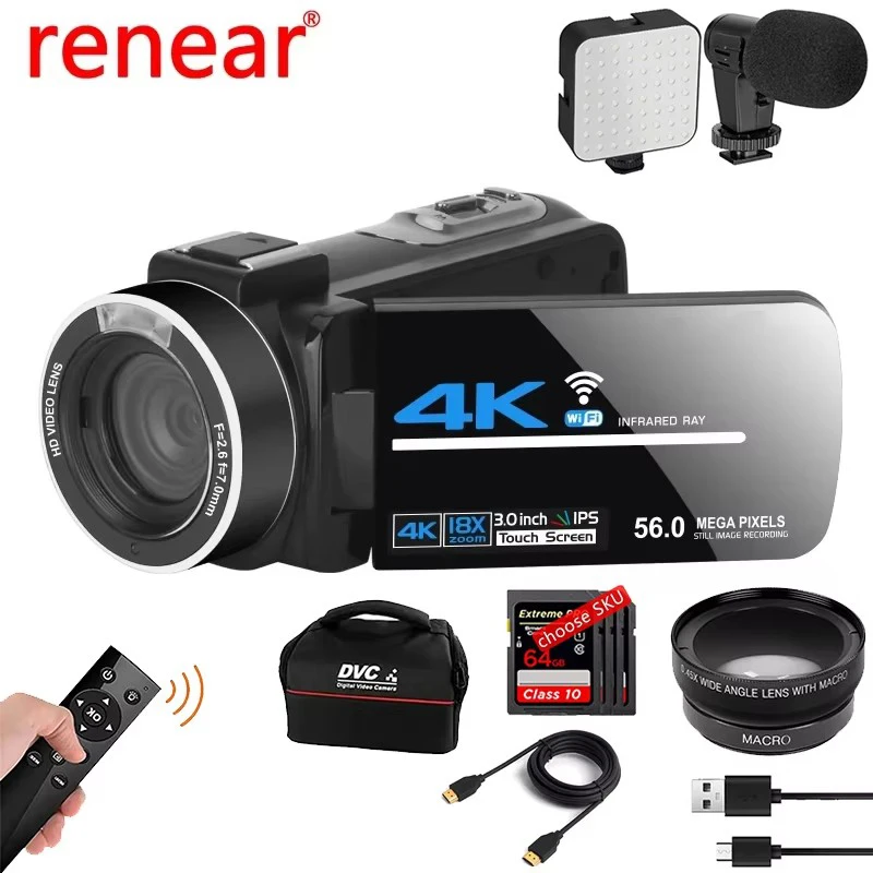 56MP 디지털 카메라 IR 야간 투시 카메라 4K WIFI 웹캠 18배 디지털 줌 유튜브 전문가용 캠코더 핸드헬드 카메라