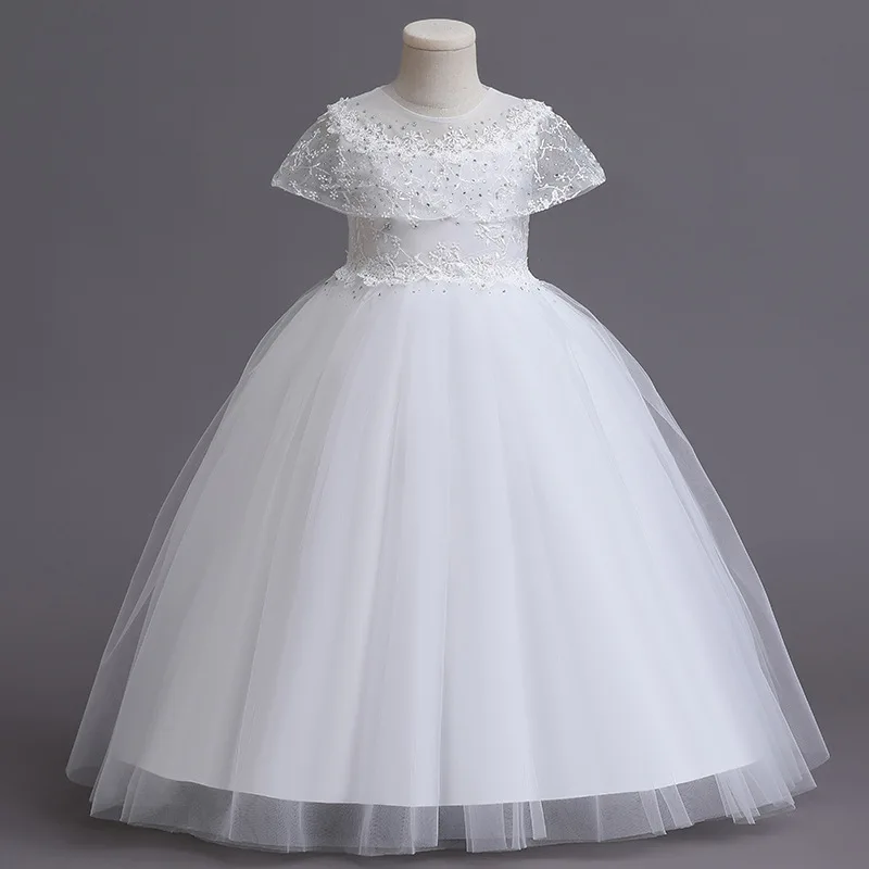 

4-14 Years Girls Dresses A-line White Lace Kids Gown Bow Vestidos Wedding Party 4 6 8 10 12 14 Years Kids Clothes OGF224433