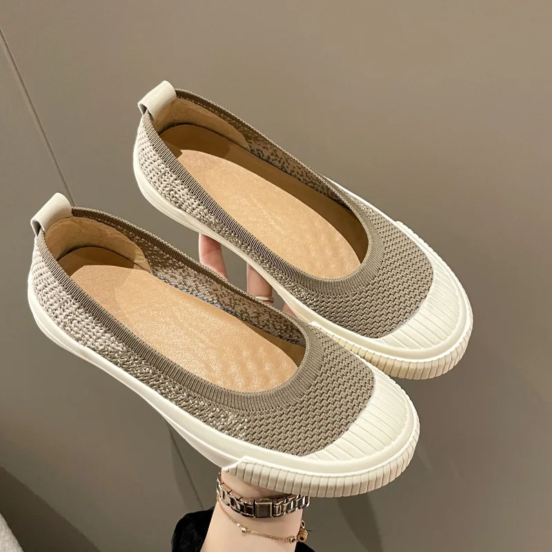 

Туфли женские с круглым носком, Повседневная вязаная обувь на плоской подошве, без застежки, дышащие мокасины, без застежки, на лето