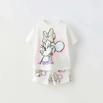 2024 Abbigliamento estivo per bambini Ragazze Disney Cute Cartoon Pantaloncini stampati Manica corta Due pezzi Set casual alla moda 1
