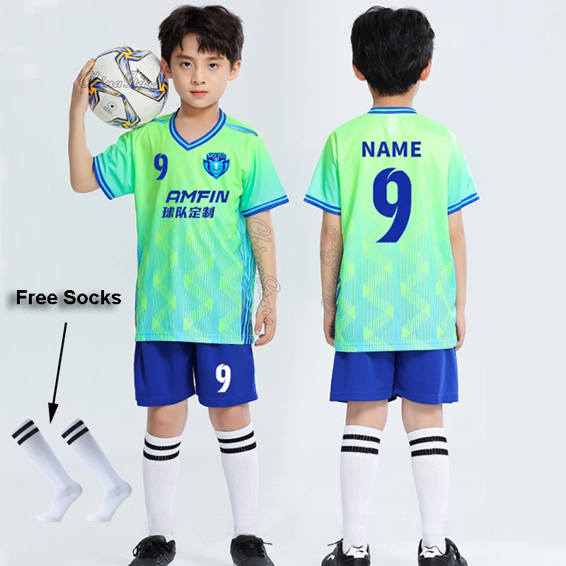 어린이 축구 유니폼+ 양말 개인 맞춤형 소년 축구 유니폼 세트 축구 유니폼 통기성 축구 유니폼 어린이용