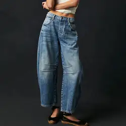 Women Mid-waist Jeans Stylish Women's Gradient Color Wide Leg Jeans with Pockets Hip Hop Retro Ankle Length Denim for Ladies