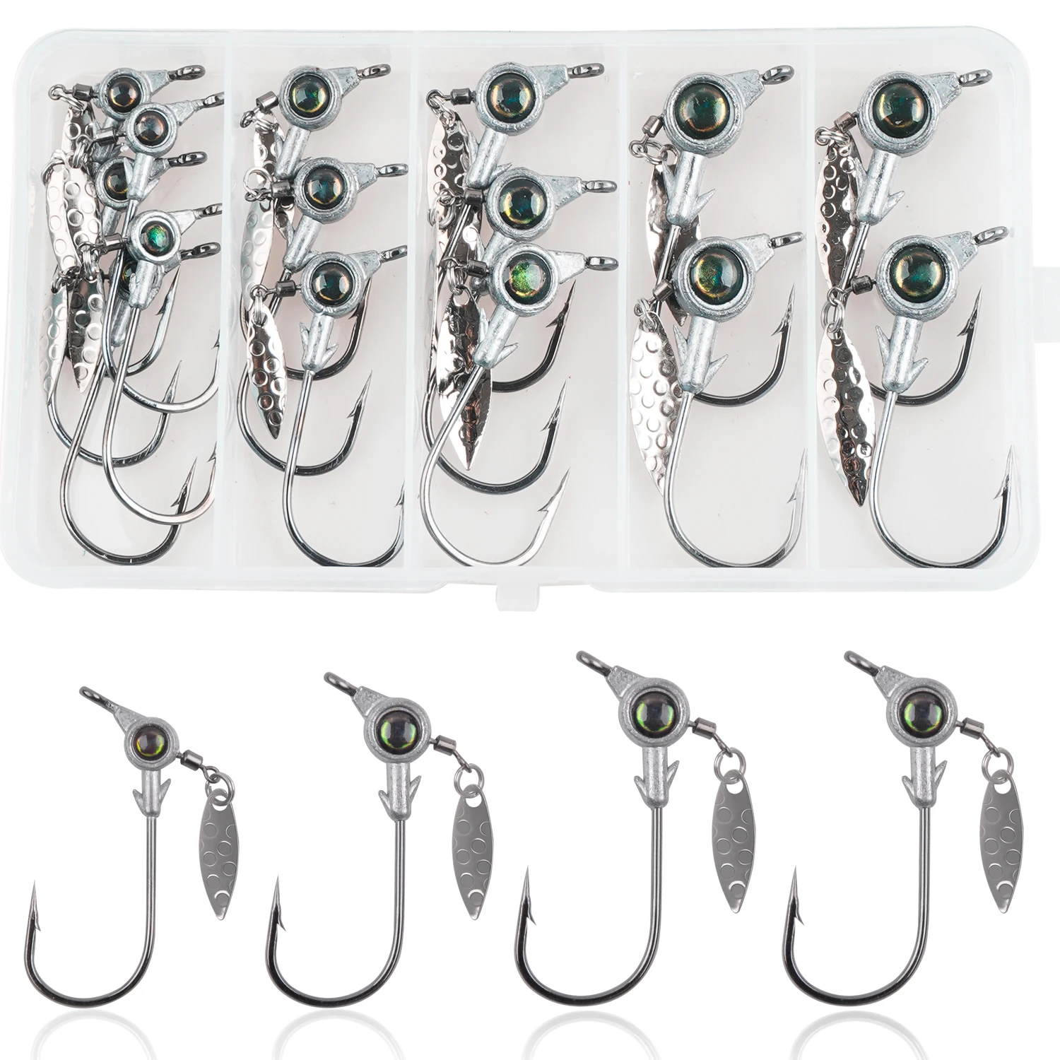 15PCS Underspin Jig Heads Swimbait Jig Hooks Underspins Bladed Swim Bait  Jigs 3D Eyes with Spinner Blades for Bass Fishing