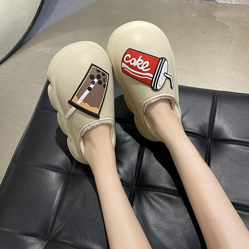 

Winter Women Fur Slippers Waterproof Warm Plush Household Slides Indoor Home Thick Sole Footwear Non-Slip Solid Couple Sandals