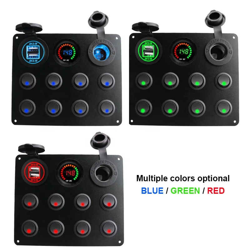 Waterproof DC 12V 24V Panel 8 gang Led Rocker Switch 4.2A USB Charger Rocker Switch Control Panel for Marine Car Boat