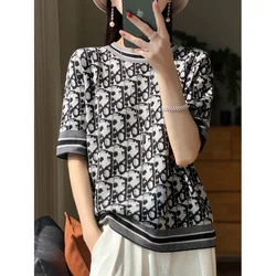 Spring Summer Women 100% Wool Sweater O-neck Half Sleeve Retro Jacquard Knit Pullover Casual Bottoming Wear Inside and Out Tops
