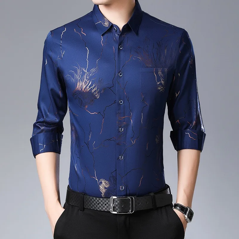 

2023 spring autumn men's new casual thin printed lapel long-sleeved shirt