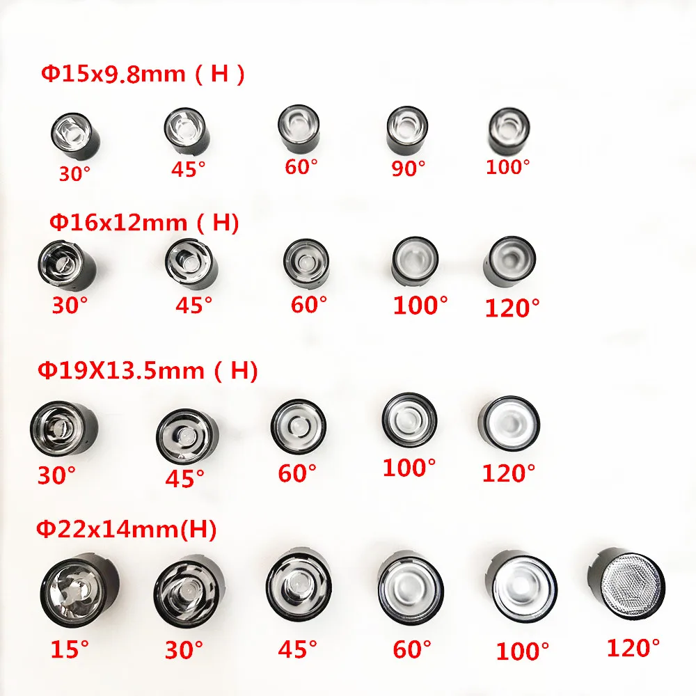 

50PCS High Power 1W 3W 5W LED Lens 15mm 16mm 19mm 22mm PMMA Lenses With Bracket 15 30 45 60 90 100 120 Degree