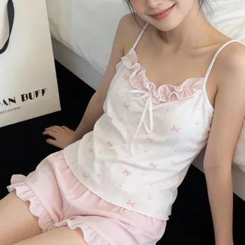 Women's Ribbed Camisole Shorts Pajama Set Summer Sweet Bow Ruffle Sleepwear 2 Piece Set Female Casual Breathe Home Wear 1