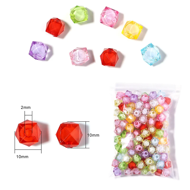 Mixed Transparent 10mm Faceted Cube Plastic Beads (100pcs)