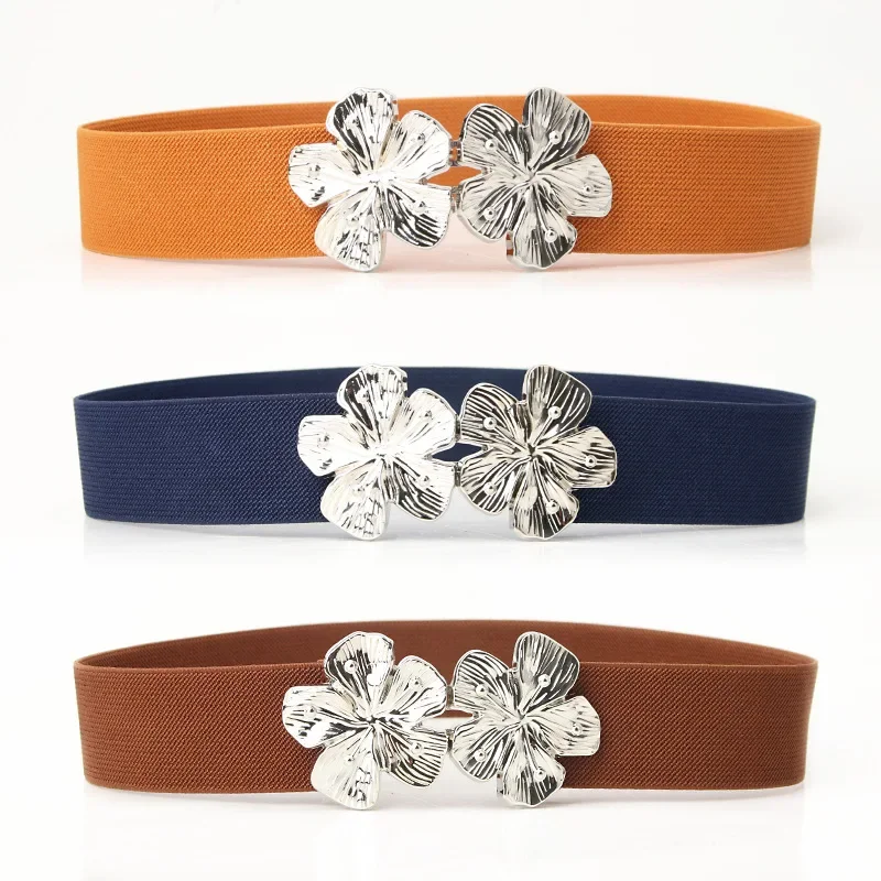 

2023 New Women's Elastic Waistband Silver Alloy Flower Buckle Daily Decoration Dress Fashion Trend Paired with Women's Belt