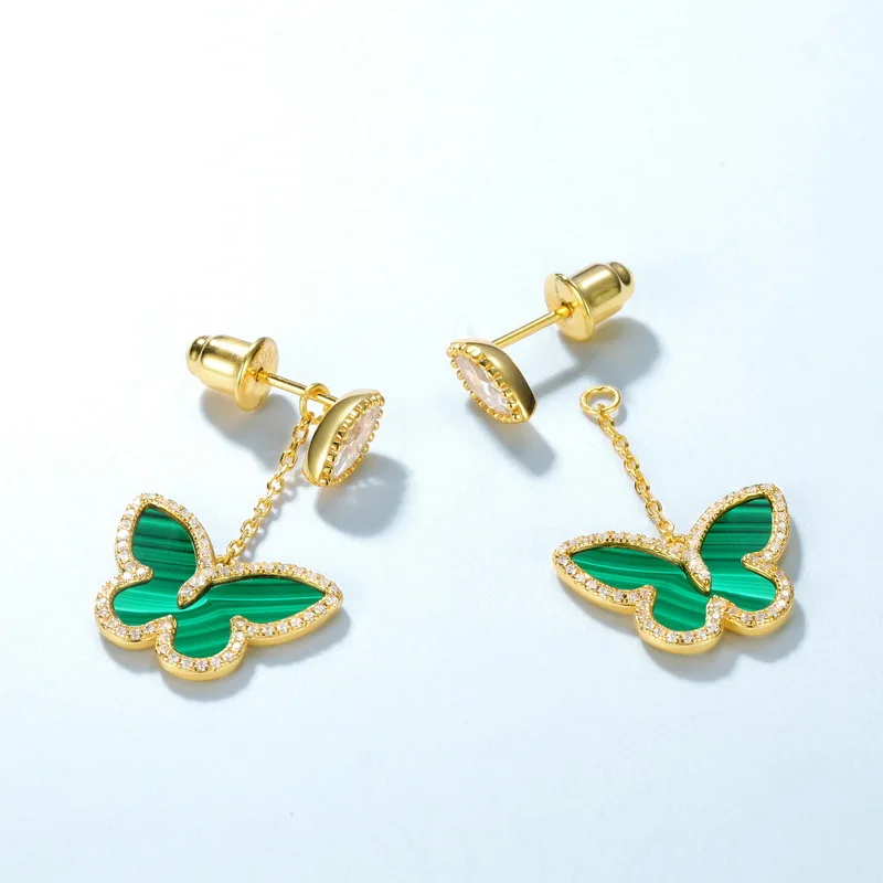 

Natural Malachite Butterfly Dangle Earrings S925 Sterling Silver 10k Gold-plated Malachite Stone Crystal Drop Earring Women Gift