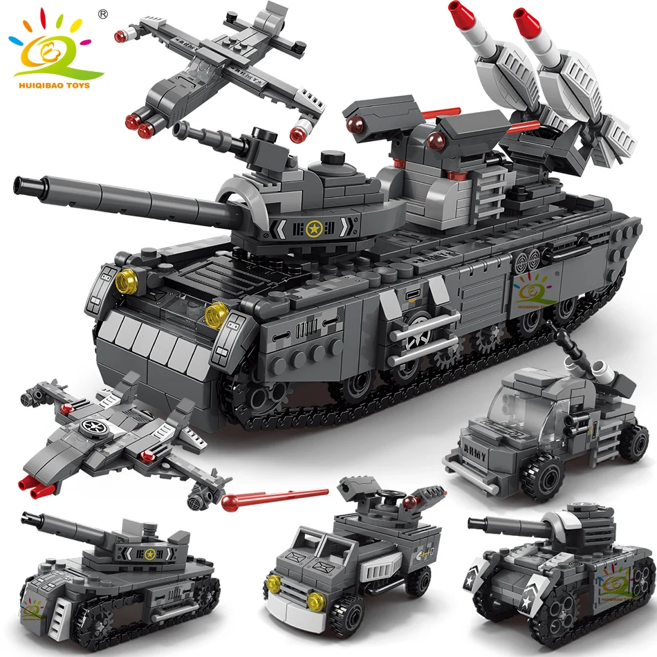 HUIQIBAO Military Tank 648pcs 6in1 Building Blocks Set Truck Plane Army Bricks City Construction Toy For Children Kids Game