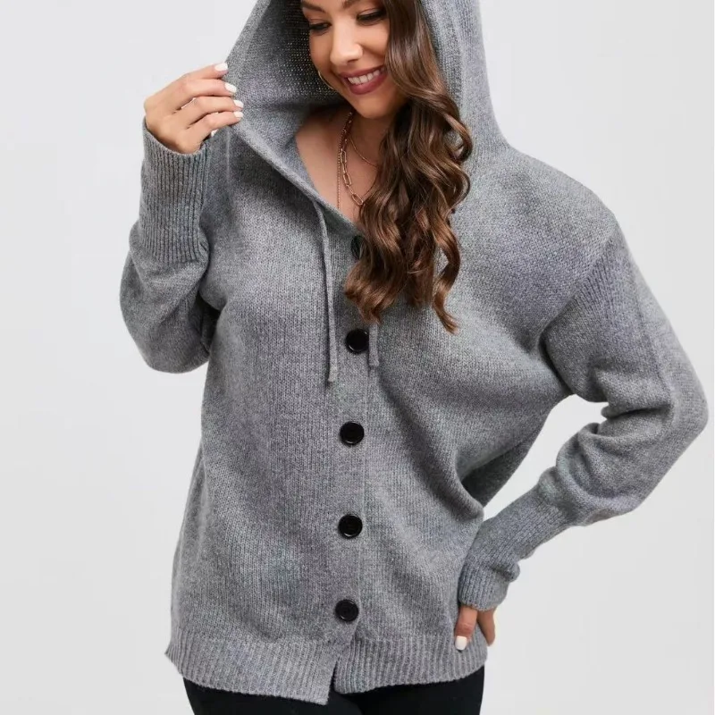

Autumn Winter Knitted Sweater Coat New Women's Solid Color Hooded Single-Brewed Sweater Women Long Sleeve Cardigan Loose Sweater