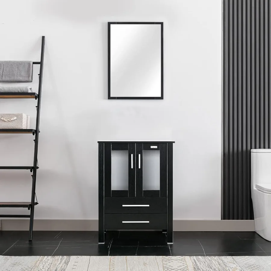 24" Modern Bathroom Vanities Sink Combo Black Stand Cabinet Wooden Pedestal with Soft Closing Glassed Doors Vanity Only 2