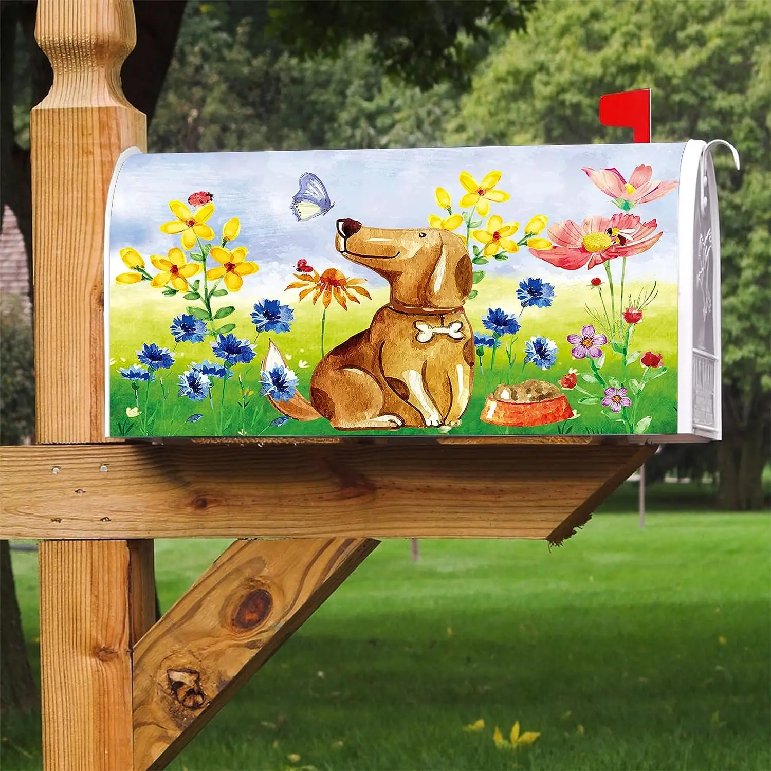 Cute Dog Puppy Floral Decoration Mailbox Cover with Magnetic Strip Spring Summer Mailbox Wraps Post Letter Box Cover Standard