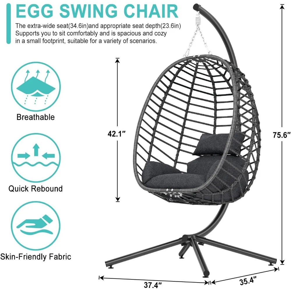 Egg Swing Chair with Stand, Outdoor Hanging Egg Chair with Stand, Indoor Eggs Chair with Cushion, Patio Wicker Swing Eggs 3