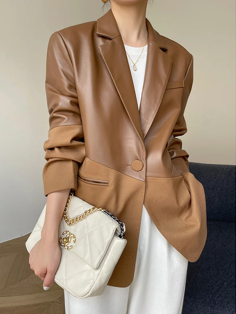 

Natural Sheepskin Coat Women Asymmetric Contrast Color Stitching Design Notched Collar Genuine Leather Blazers Jackets casacos