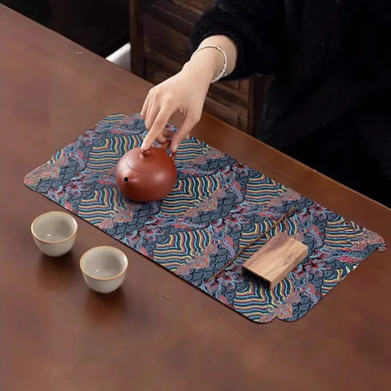 Double-Sided Brocade Tea Mat - Chinese Zen Style Non-Slip Dry Brewing Pad for Tea Ceremony Vintage Table DecorTraditionalCoaster