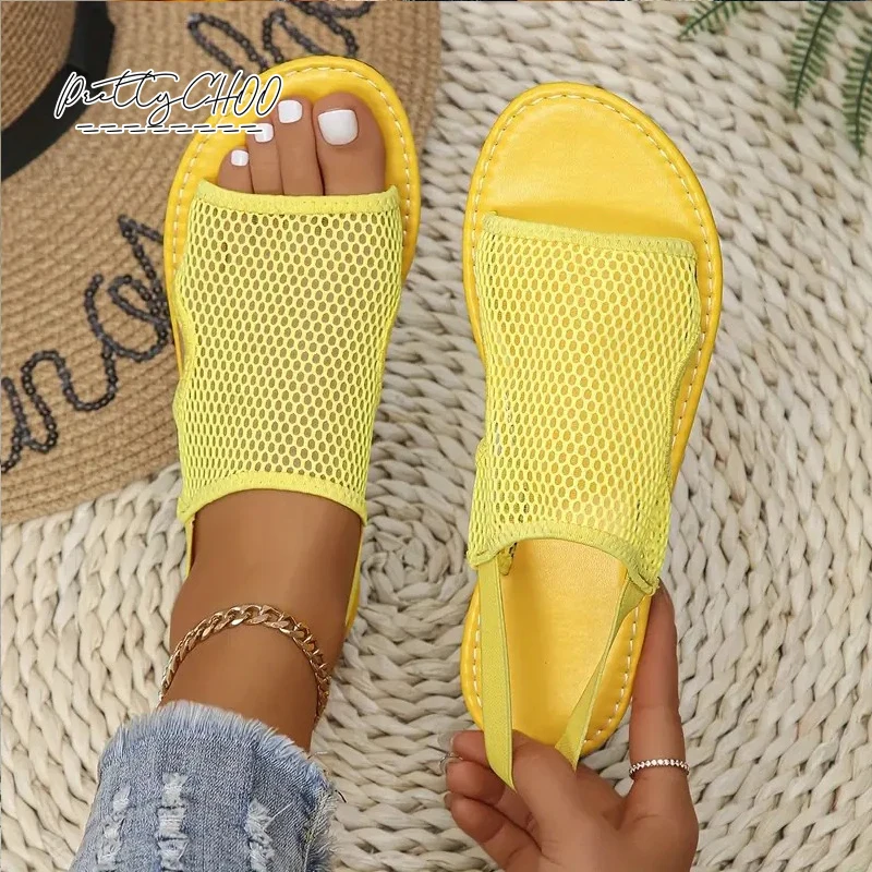Fishnet Mule Sandals Woman Fashion Hollow Out Sandalias Ladiies Summer Rainbow Color Mesh Flat Slingback Shoes