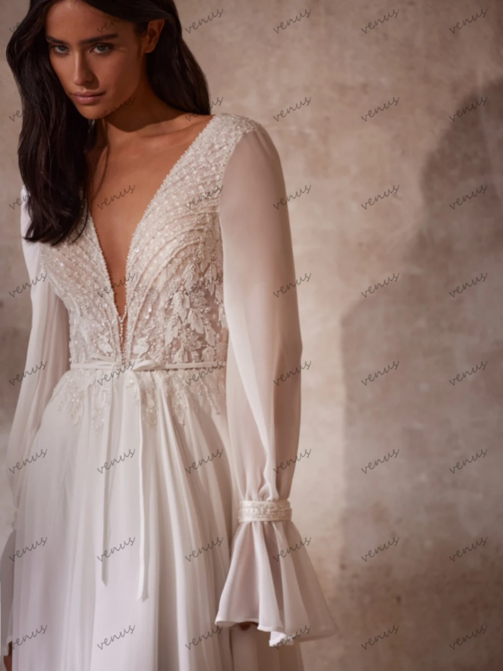 Simple Wedding Dresses A-Line Chiffon Bridal Gowns Elegant Long Puff Sleeves Robes For Formal Party Vestidos De Novia Customized 3
