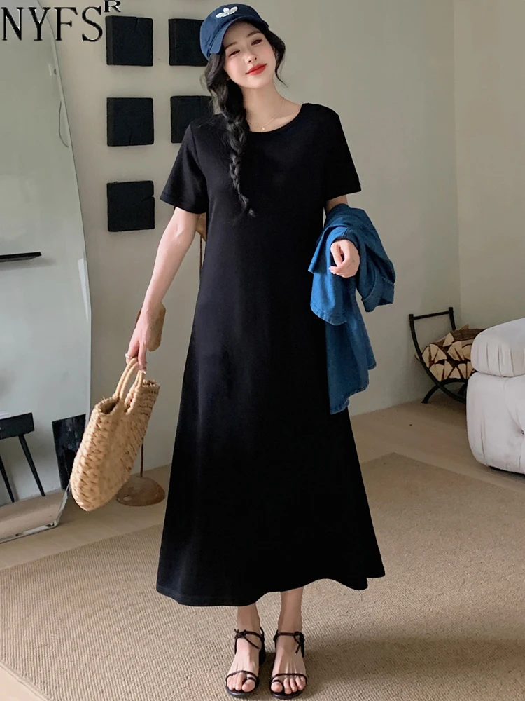 

NYFS 2024 Summer New Korea Woman Dress Vestidos Robe Elbise Loose Plus Size Black Color Backless Long Dress