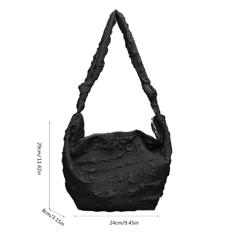 Women Canvas Shoulder Bag Ruched Handbag Pleated Solid Zippered Crossbody Bag E74B