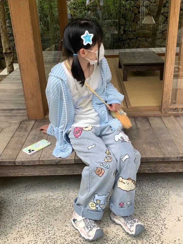 HOUZHOU Y2k Harajuku Kawaii Striped Hoodie Women Korean Fashion Cat Embroidery Zip Up Oversized Sweatshirt Preppy Autumn 2023