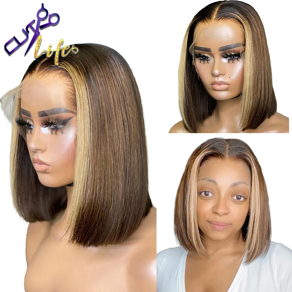 Highlight Short Bob Straight Lace Front Wig Human Hair Lace Closure Wig Remy Brazlian Hair Natural Preplucked With Baby