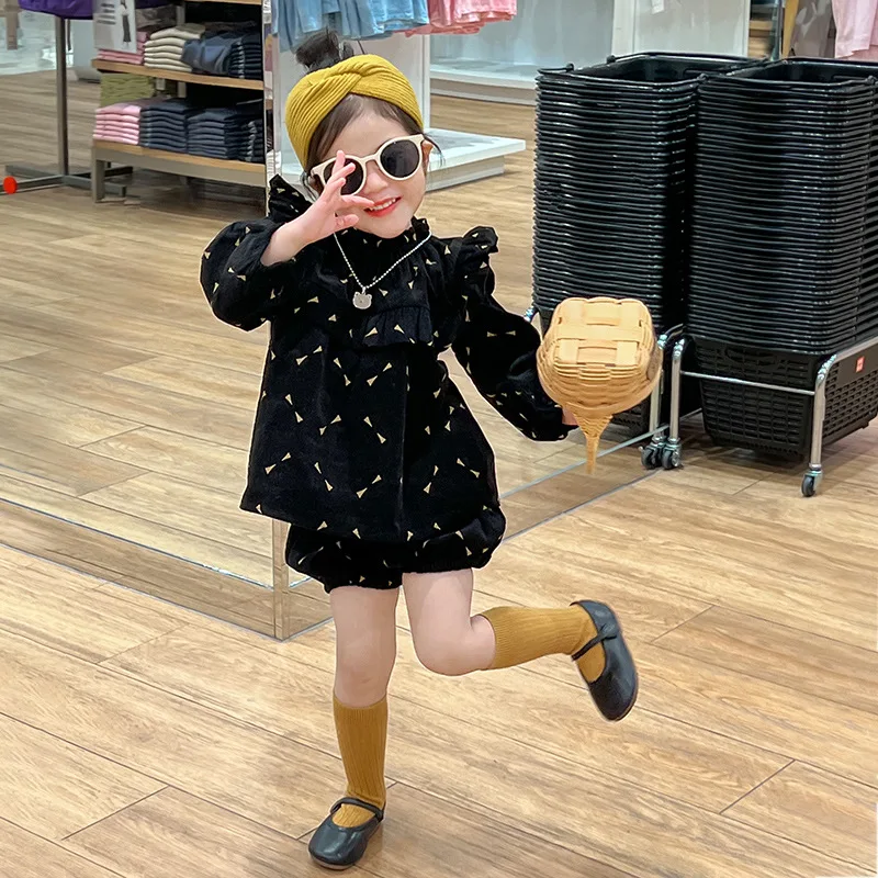 

Girls Set 2023 Spring Autumn New Fashion Lace Collar Corduroy Top Korean Styles Floral Shorts Casual Simple Two Piece Set