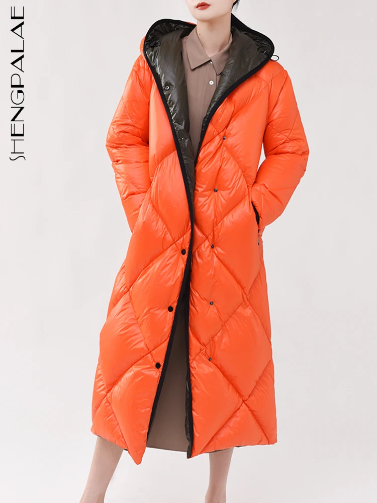 

SHENGPALAE Autumn 2024 New Women Down Jacket Korean Fashion Hooded Patchwork Diamond Lattice Belt Solid Color Cotton Coat 5R5890