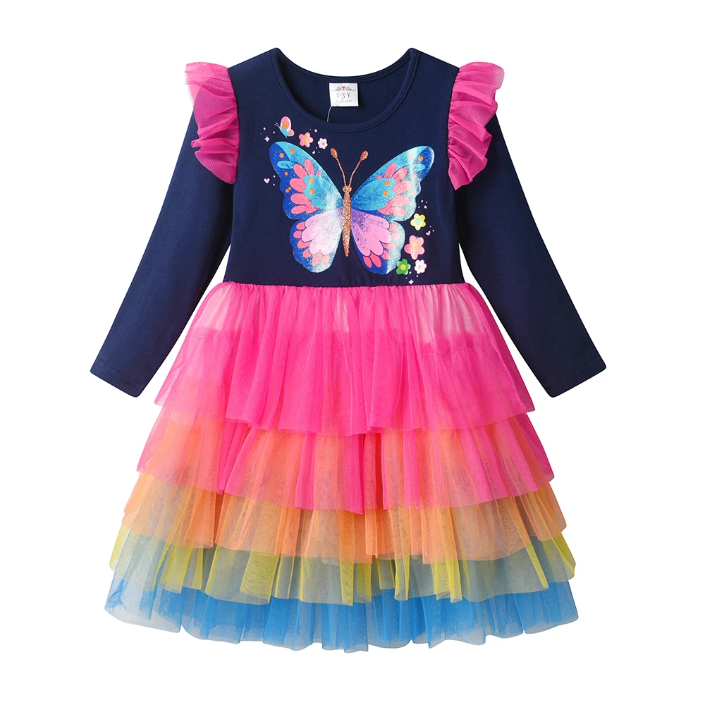DXTON Kleinkind-Geburtstagsparty-Kostüme, Schmetterlings-Mesh-Rüschenkleid, Prinzessinnen-Tutu-Kleid aus Tüll mit Farbverlauf, Mehrlagiges Mädchenkleid – Detail 5