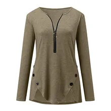  Womens Long Sleeve Tunic Shirts Sexy Round Neck Zipper Button Side Blouses Tops Summer Loose Casual Daily Pullover Shirts Blusa 