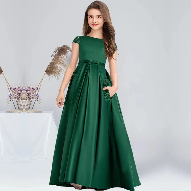 Ball-Gown/Princess Scoop Floor-Length Lace Satin Junior Bridesmaid Dresses With Bow Dark Green Flower Girl Dress Communion Dress 1