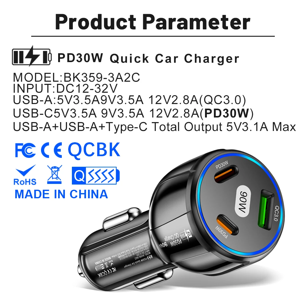 Caricabatterie per Auto USB 3-in-1 90W con PD Type C e QC3.0, Ricarica Rapida per iPhone, Xiaomi, Samsung, Adattatore per Auto - Image 6