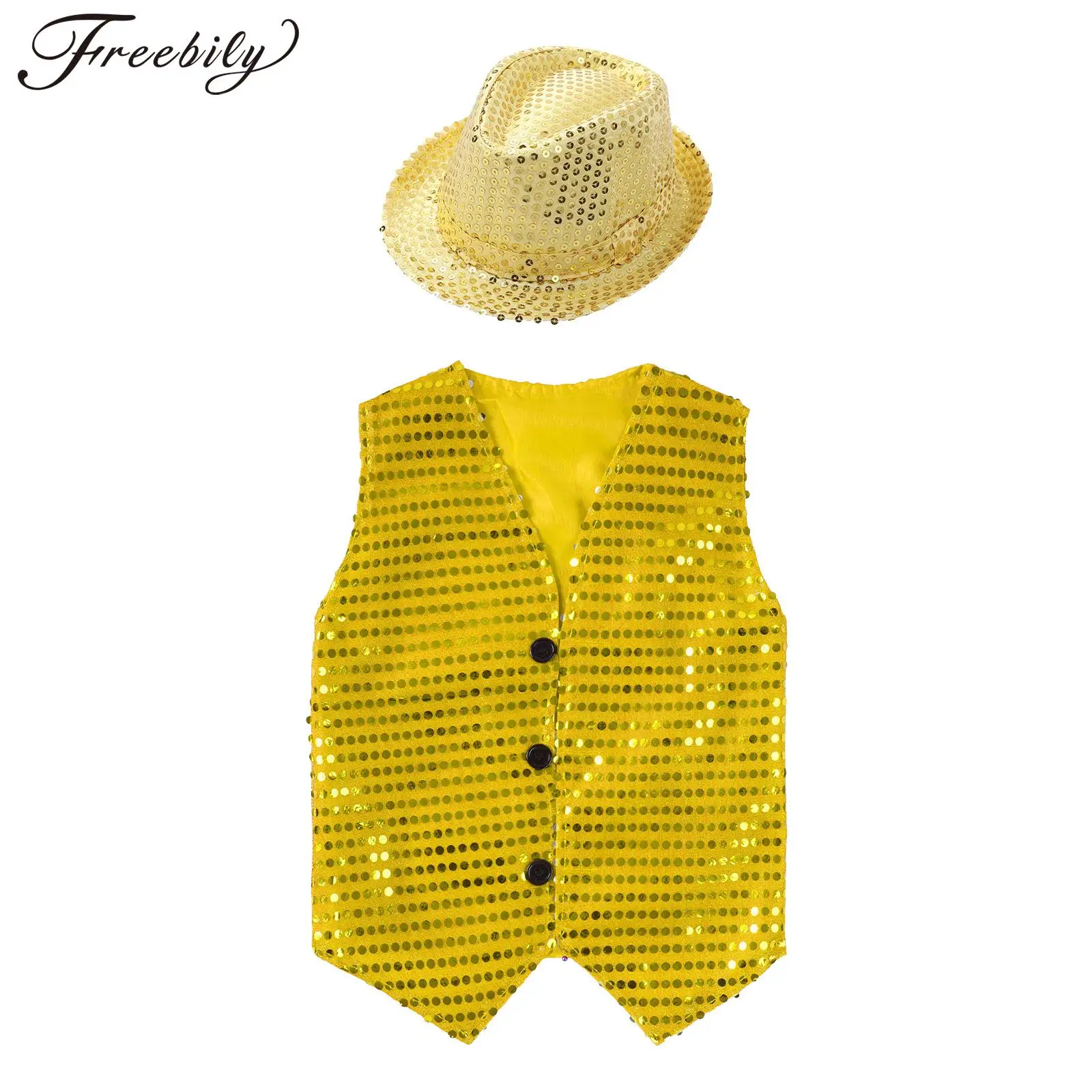

Children Boys Jazz Dance Vest Shiny Sequin Waistcoat with Hat Christmas Festival Prom Party Cosplay Stage Performance Costume