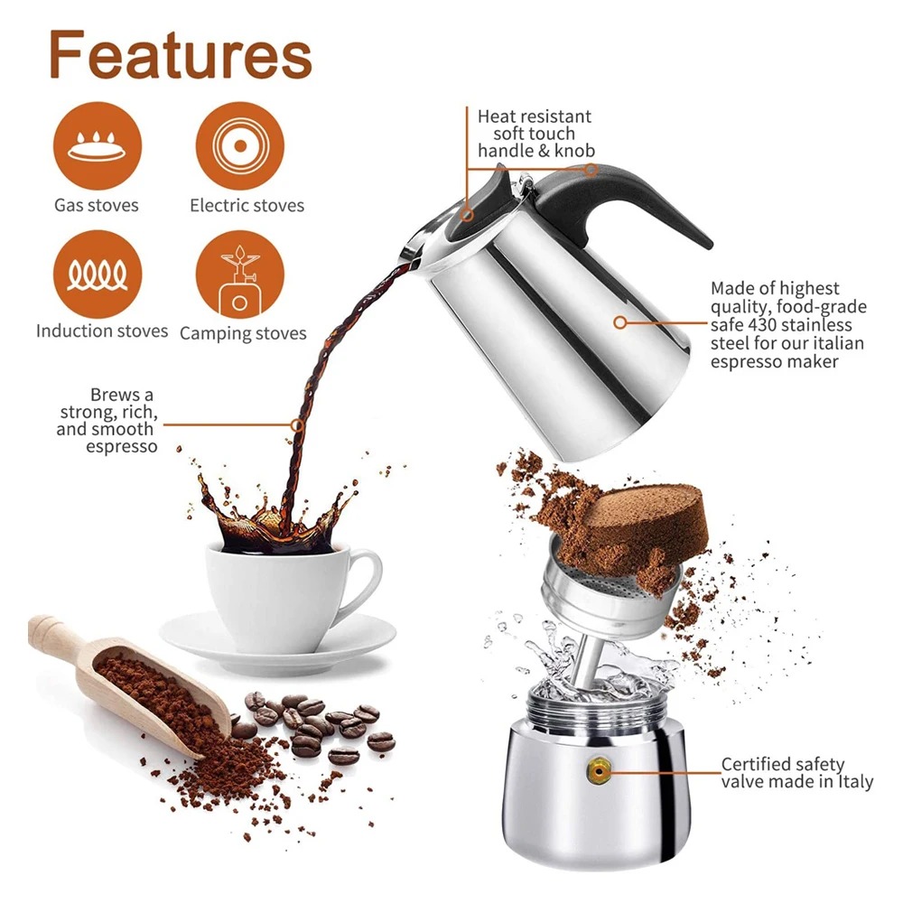 Italian Espresso Coffee Maker Stovetop Moka Pot Stainless Steel with Coffee Percolator Design Camping Home Coffeeware