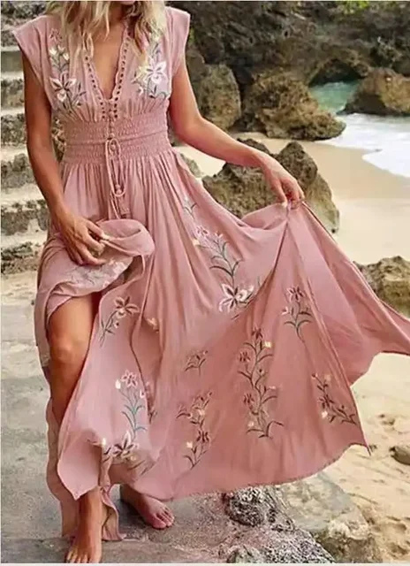 Женское пляжное платье с цветочным принтом, Элегантное Длинное Платье с V-образным вырезом и поясом на резинке, лето 1