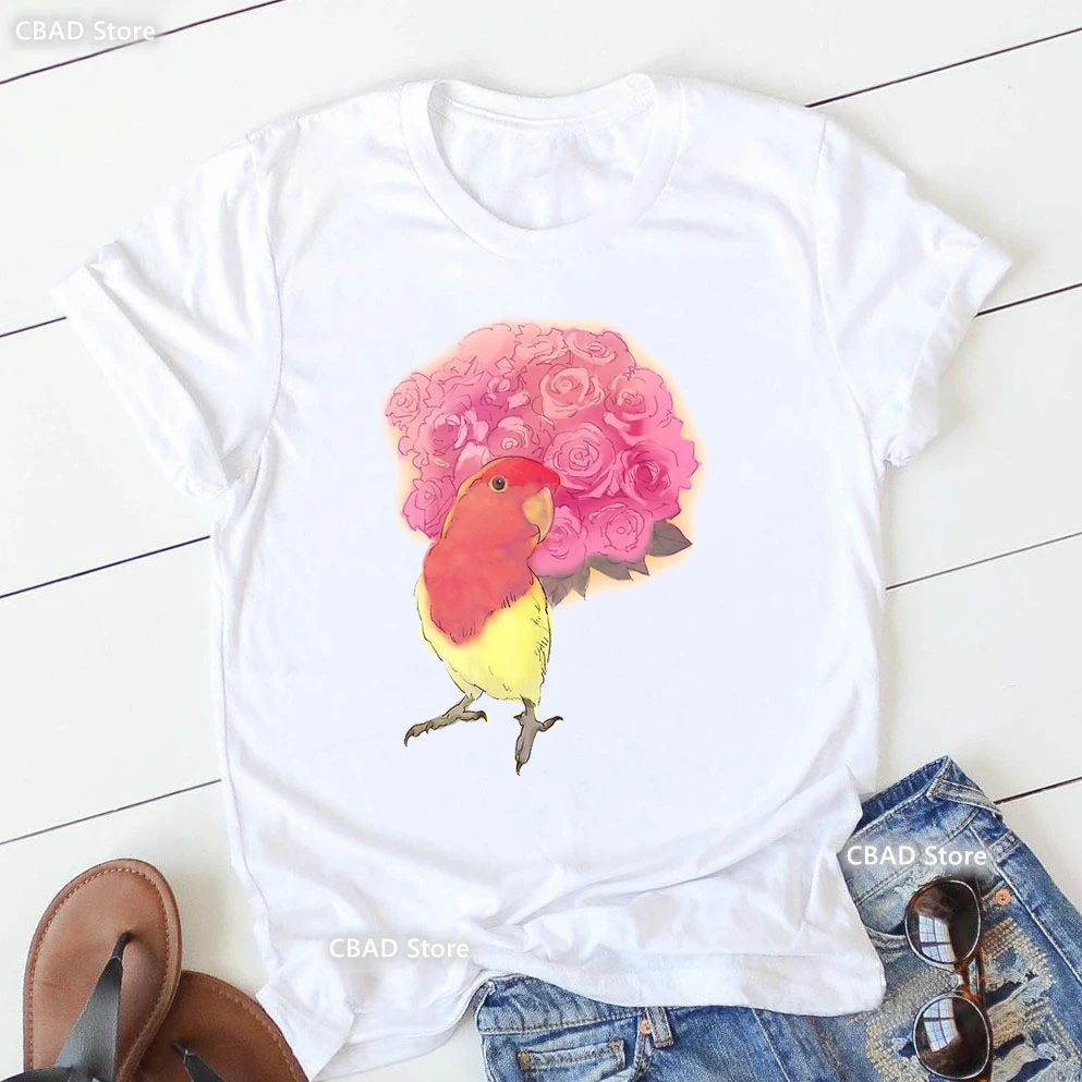 

Watercolor Cockatiels Parrot Love Red Rose Print Tshirt Girls Budgie Budgerigar Toucan T Shirt Women Summer Short Sleeve T-Shirt