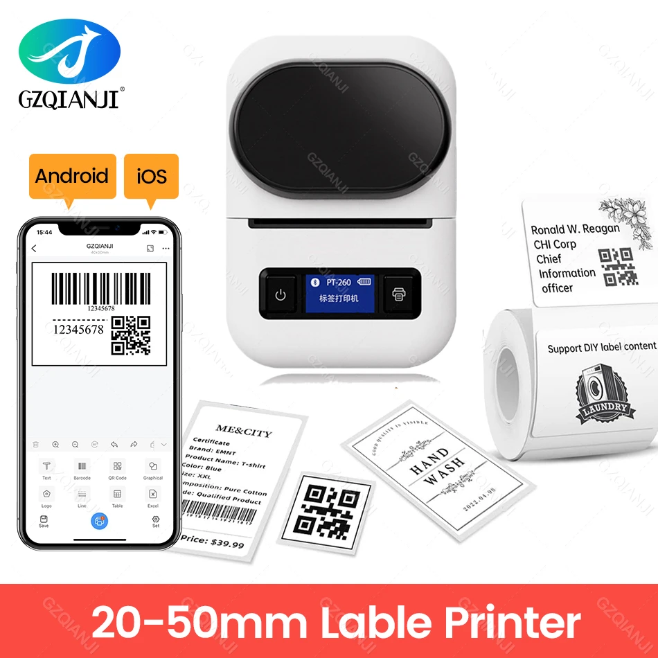 PT-260 Label Printer Portable Pocket Thermal Bluetooth Mobile Printer 58mm For Labeling Tag Name Price All-In-One Maker